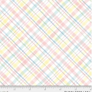 May include: A pastel plaid fabric with a repeating pattern of intersecting lines in pink, yellow, blue, and green on a white background. The fabric has a watercolor effect. The text "BUNN 5663 LMU" is in the bottom right corner.
