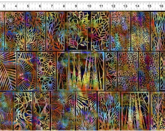 May include: A colorful fabric with a repeating pattern of gold leaf-like designs in a grid. The fabric has a dark background with shades of blue, green, and red.