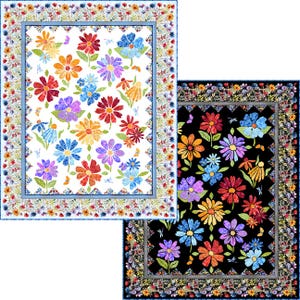 May include: Two floral quilts, one with a white background and the other with a black background. Both quilts feature colorful flower designs in shades of red, orange, yellow, blue, and purple. Each quilt has a floral border.