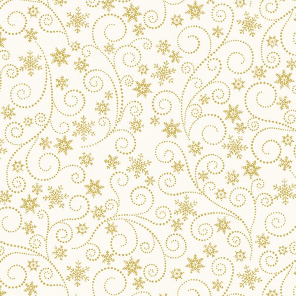 Winter Elegance, by Jackie Robinson for Benartex. Gorgeous gold metallic swirling snowflakes on a natural background. 836M-09