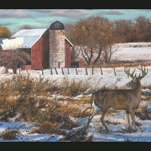 May include: An oil painting depicts a winter scene with a red barn and silo, a snow-covered field, and a majestic buck with large antlers. The sky is overcast, and the foreground features snow-covered brush.