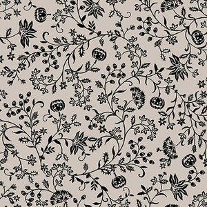 May include: A seamless pattern featuring black silhouettes of stylized flowers, leaves, and pumpkins on a light beige background. The design is reminiscent of a vintage floral print.