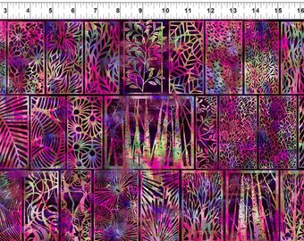 May include: A colorful fabric with a repeating pattern of geometric shapes and floral designs. The fabric is a dark purple with shades of pink, blue, and green. The design is reminiscent of stained glass.