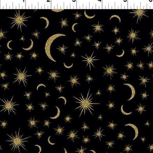 May include: Black fabric with a repeating pattern of gold glitter stars and crescent moons. The celestial design features various sizes of starbursts and crescent moons, creating a night sky theme.
