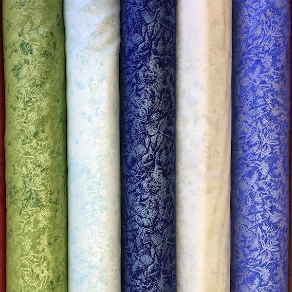 Fairy Frost by Michael Miller. The first 2 fabrics are pearlized metallic.  cele-D. clou-D, indi-D, natu-D, hyac-D