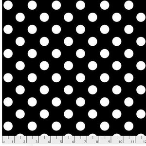 May include: Black and white polka dot fabric with a repeating pattern of white circles on a black background. The fabric is measured in inches.