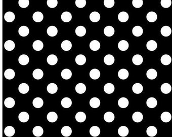 May include: Black and white polka dot fabric with a repeating pattern of white circles on a black background. The fabric is measured in inches.