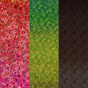 May include: Three fabric swatches with floral and leaf patterns. The first features red and pink flowers on a red background. The second has green leaves on a gradient green background. The third has a brown, textured pattern.