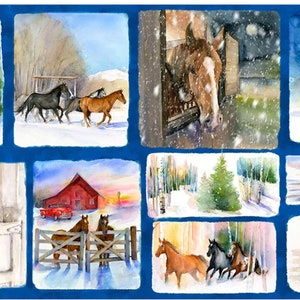 May include: A collage of watercolor paintings featuring horses in winter scenes. The images depict horses in snowy fields, barns, and forests. Some horses are running, while others are standing still. The paintings are all in a similar style, with a soft, dreamy feel.