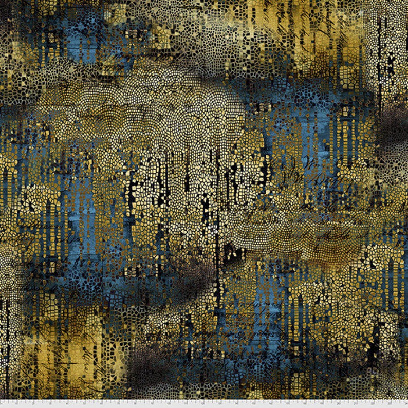 May include: A fabric featuring a complex pattern of gold and blue tones with a mosaic-like texture. The design incorporates overlapping layers of dark blue vertical stripes and intricate, fine-lined script text layered over a golden, cracked surface.