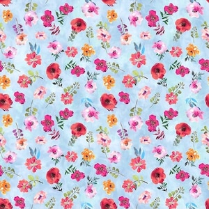 May include: A seamless pattern featuring watercolor flowers in shades of pink, red, orange, and yellow on a light blue background.