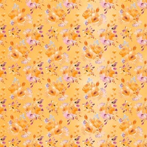 May include: A seamless pattern featuring watercolor illustrations of yellow, pink, and purple flowers on a yellow background.
