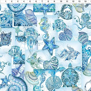 May include: A fabric pattern featuring a collage of marine life illustrations. The design includes detailed depictions of starfish, seahorses, fish, jellyfish, and seashells in shades of blue and teal against a light blue background.