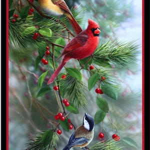 Birds and Berries Panel from Elizabeth&#39;s Studio.  Stunning colors, very realistic. 40003E-BLACK 24&quot; x 44&quot;