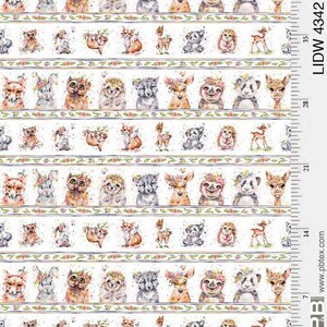 May include: White fabric with a repeating pattern of woodland animals wearing flower crowns. The animals include foxes, owls, sloths, deer, pandas, and hedgehogs. The fabric is bordered with a green and brown floral design.
