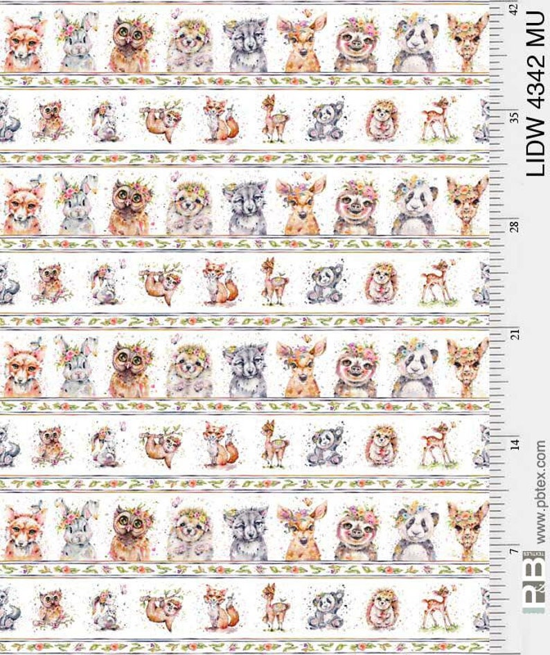 May include: White fabric with a repeating pattern of woodland animals wearing flower crowns. The animals include foxes, owls, sloths, deer, pandas, and hedgehogs. The fabric is bordered with a green and brown floral design.