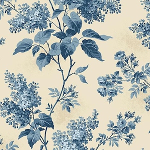 May include: A wallpaper pattern featuring clusters of blue lilac flowers and green-blue leaves set against a solid cream background. The design displays botanical branches with dense floral blooms and foliage arranged in a repeating layout.