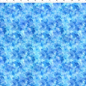 May include: A fabric with a repeating pattern of blue watercolor flowers. The flowers vary in shades of blue, from light to dark, creating a textured and layered effect. The background is a light blue.