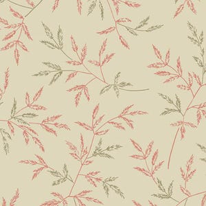 May include: A repeating pattern of stylized leaves in shades of red and green on a cream background. The leaves are arranged in a natural, organic design, creating a subtle, yet visually interesting texture. This design is suitable for wallpaper or fabric.