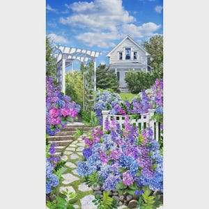May include: A vibrant painting of a garden path leading to a white house under a blue sky. The path is lined with lush hydrangeas in shades of purple, pink, and blue, and a white picket fence. A white pergola frames the entrance.