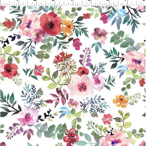 May include: A white background with a repeating pattern of watercolor flowers in shades of pink, red, orange, and purple. The flowers are surrounded by green leaves.