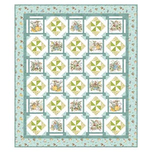 May include: A rectangular quilt featuring a repeating pattern of square blocks. The design alternates between illustrations of rabbits in garden settings and green and white pinwheel blocks, all framed by a light blue border with small animal motifs.