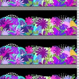 May include: A vibrant floral and bird pattern featuring a black background. The design includes colorful flowers in shades of pink, purple, and teal, along with birds in blue, purple, and yellow. A gray and white zigzag border separates the repeating pattern.
