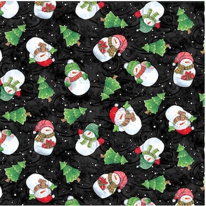 Feeling Frosty Snowmen Tossed on Black Background for Blank Quilting. 2226-99