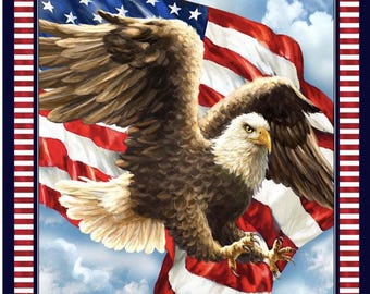 May include: A bald eagle with outstretched wings flies in front of a waving American flag against a blue sky with white clouds.
