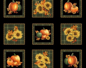 Autumn Elegance square panel by Jackie Robinson from Benartex. Gorgeous fall colors with gold metallic accents. 1665M99