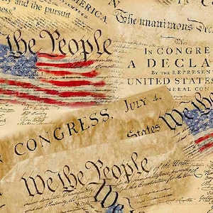 Pu&ograve; includere: Un tessuto in stile vintage con un collage della Dichiarazione di Indipendenza e della Costituzione degli Stati Uniti. Il tessuto &egrave; stampato con il testo "We the People" e "Declaration of Independence" in uno stile antico e sbiadito. Il tessuto &egrave; decorato con stelle e strisce rosse, bianche e blu.