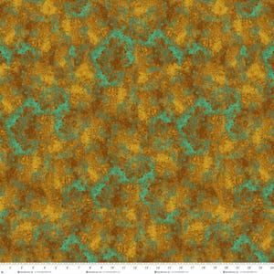May include: Fabric with a mottled pattern in shades of brown, gold, and teal. The design has a textured appearance, with the colors blending and overlapping to create an abstract effect. The fabric appears to be a cotton or linen blend.