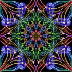 May include: A colorful mandala design created with smoke. The design features a central circle with multiple layers of swirling smoke in shades of blue, green, red, yellow, and purple.