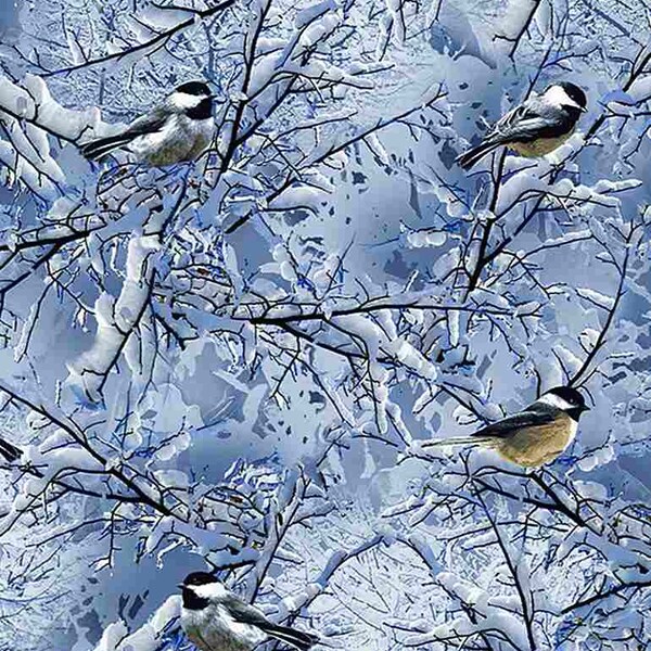 Timeless Treasures, Winter Chickadees  for Winter Frost. Digitally printed  Bird-C7850 Blue
