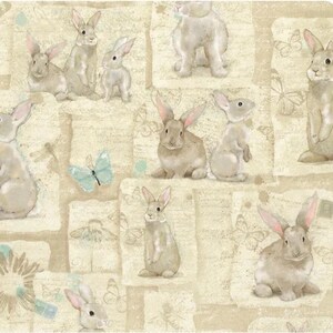 May include: A vintage-style patterned background with multiple images of brown rabbits in various poses. The background features a light beige color with a subtle pattern of faded text and floral designs.