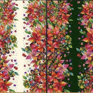 May include: Watercolor floral pattern featuring red, orange, and yellow flowers with green leaves and small purple berries. The design is repeated vertically on a cream and dark green background, creating a vibrant and artistic textile design.