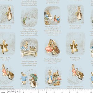 May include: Light blue fabric featuring illustrations from a children's storybook. The fabric depicts scenes with rabbits in clothing, text excerpts, and various objects. The illustrations are in a soft, watercolor style, creating a whimsical feel.