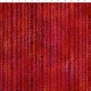 May include: A vibrant red fabric with a vertical stripe pattern. The stripes are composed of smaller, leaf-like shapes, creating a textured appearance. The color palette ranges from deep crimson to lighter shades of red.