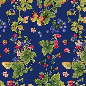 May include: A blue background with a repeating pattern of green leaves, red and black berries, and yellow butterflies.