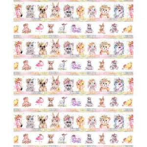 May include: A repeating pattern of watercolor illustrations featuring a variety of animals, including a flamingo, a bunny, a dog, a raccoon, a bear, and a unicorn. The animals are wearing floral crowns and are surrounded by flowers and leaves.