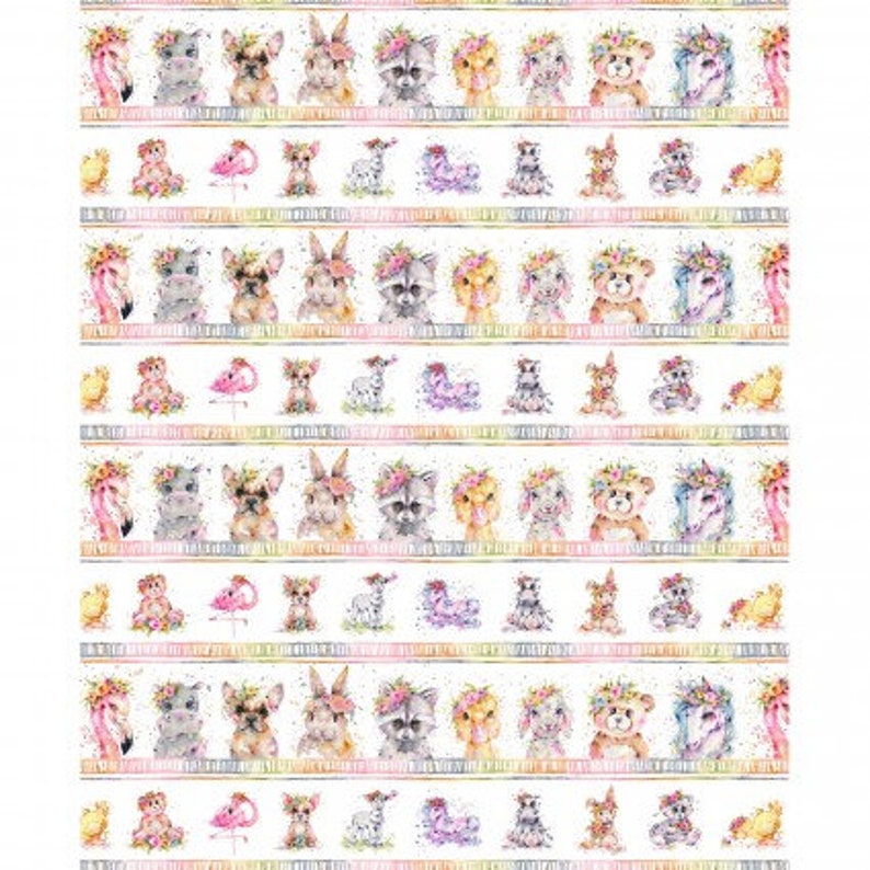 May include: A repeating pattern of watercolor illustrations featuring a variety of animals, including a flamingo, a bunny, a dog, a raccoon, a bear, and a unicorn. The animals are wearing floral crowns and are surrounded by flowers and leaves.
