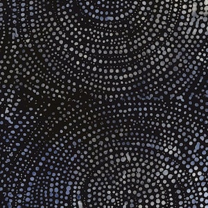 May include: Abstract textile pattern featuring a dark background with a repeating pattern of small, light blue and white dots. The dots are arranged in swirling, circular formations, creating a textured, dynamic design.
