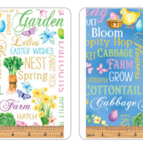 Cottontail Farms Springtime Words By Nicole Decamp from Benartex. Choose White 1440109B or Blue 1440154B