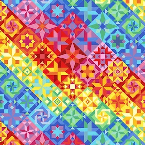 May include: A vibrant, geometric pattern featuring a patchwork of colorful shapes. The design incorporates various geometric elements, including stars, crosses, and squares, in a spectrum of colors like red, blue, yellow, and green. The overall effect is a lively and visually engaging design.