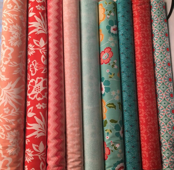 Peaches, corals and teals from several manufactures (listed below) for your special projects. Quilt shop excellent quality cotton fabric