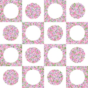 May include: A seamless pattern featuring a repeating design of pink and purple floral wreaths with white circles in the center. The wreaths are arranged in a checkerboard pattern on a white background.