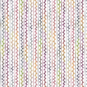 May include: A seamless pattern of vertical lines with small leaves in various shades of green, purple, pink, orange, and blue.