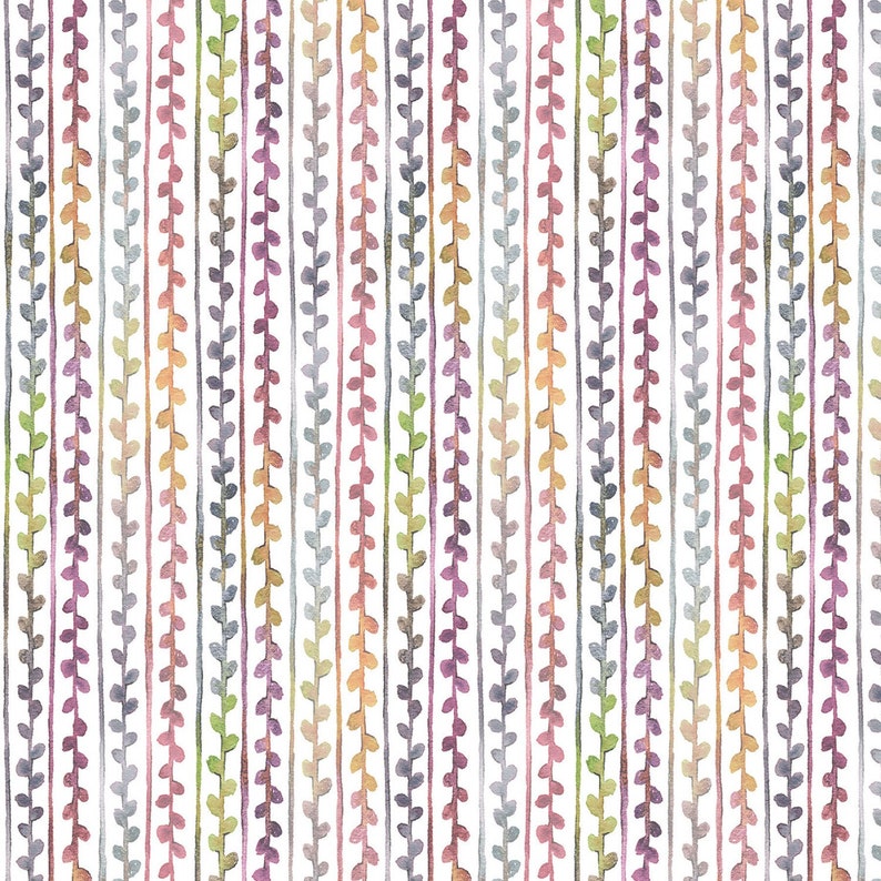 May include: A seamless pattern of vertical lines with small leaves in various shades of green, purple, pink, orange, and blue.