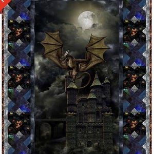 May include: A dark fantasy quilt pattern featuring a dragon perched on a stone castle tower with a full moon in the background. The border is a repeating pattern of eyes.