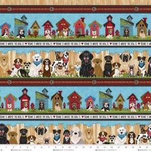 May include: Fabric with a repeating pattern of various dog breeds, dog houses, and the text "HOME IS WHERE THE DOG IS." The background is a light blue with a wooden fence and grass.